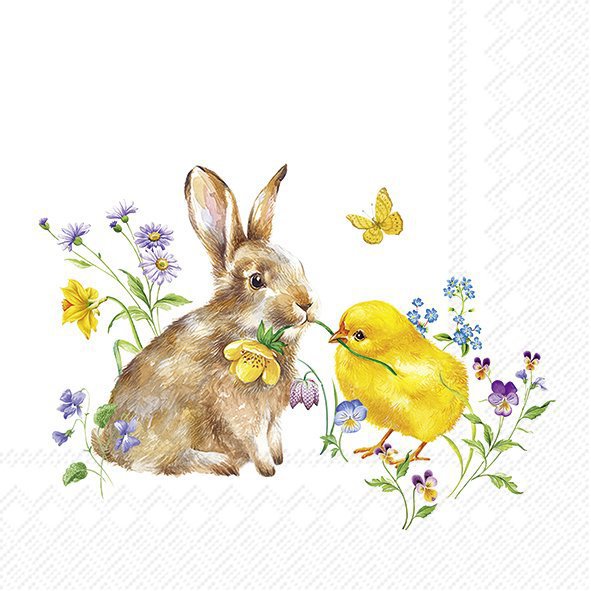 Napkin with a rabbit and chick design on a white background