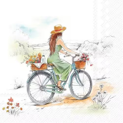 Illustration of a woman riding a bicycle with flower baskets in a scenic setting