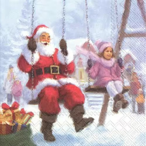 Illustration of Santa Claus on a swing with a child in a snowy scene