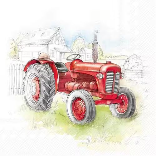 Illustration of a red tractor in a rural setting with a house and trees.