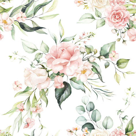 Floral pattern with pink and white flowers and green leaves on a white background