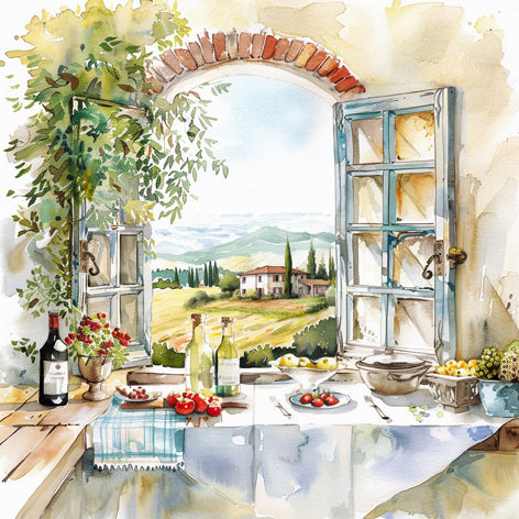 Illustration of a kitchen window with a view of a scenic landscape, featuring wine bottles, fruits, and a table setting.