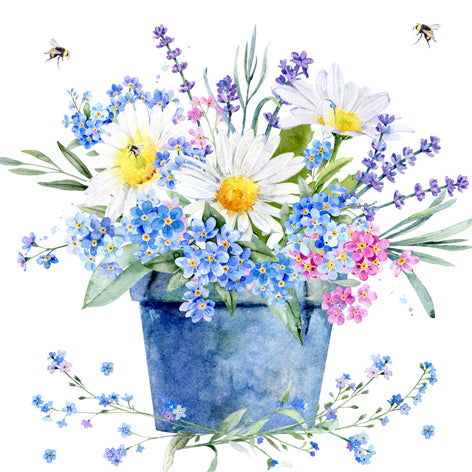 Floral arrangement with daisies, forget-me-nots, and lavender in a blue pot on a white background.