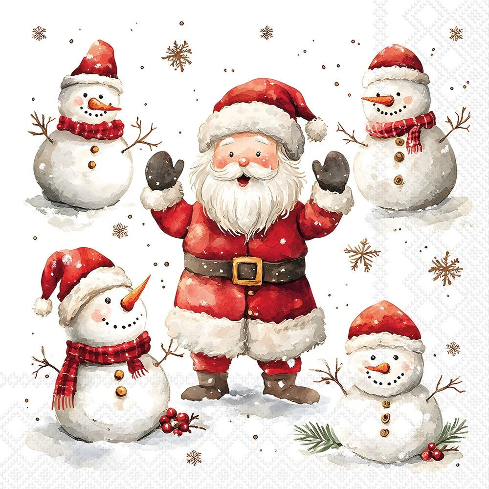 Watercolor-style Christmas illustration featuring Santa Claus in the center surrounded by five snowmen, with scattered snowflakes on a white background.