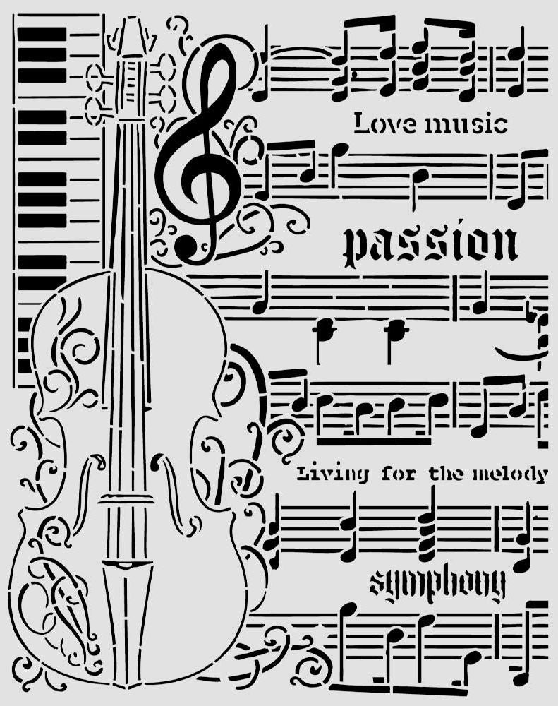 Stencil design featuring a violin, piano keys, musical notes, and sheet music with the words 'Love music passion living for the melody symphony'.