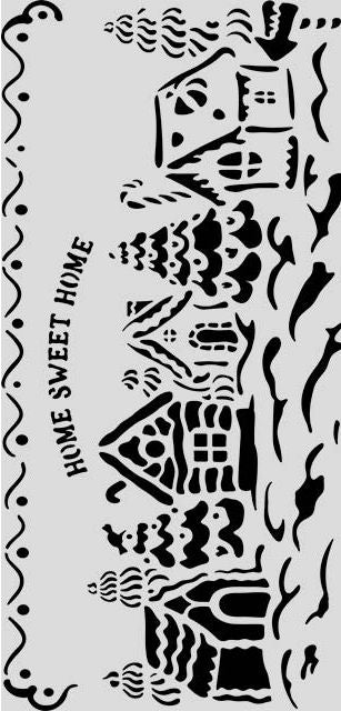 Stencil featuring houses, trees, and the text 'HOME SWEET HOME' on a light gray background.