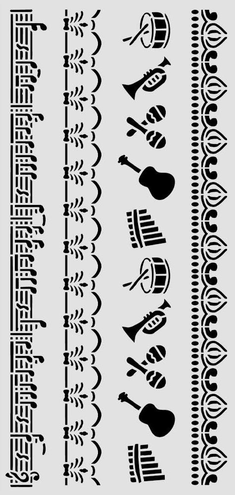 Stencil with decorative border design, stylized musical instruments and ornamental motifs on a light gray background.