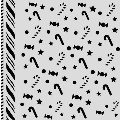 Christmas pattern featuring candy canes, stars, dots, and wrapped candies on a light gray background, with a striped border on the left side.