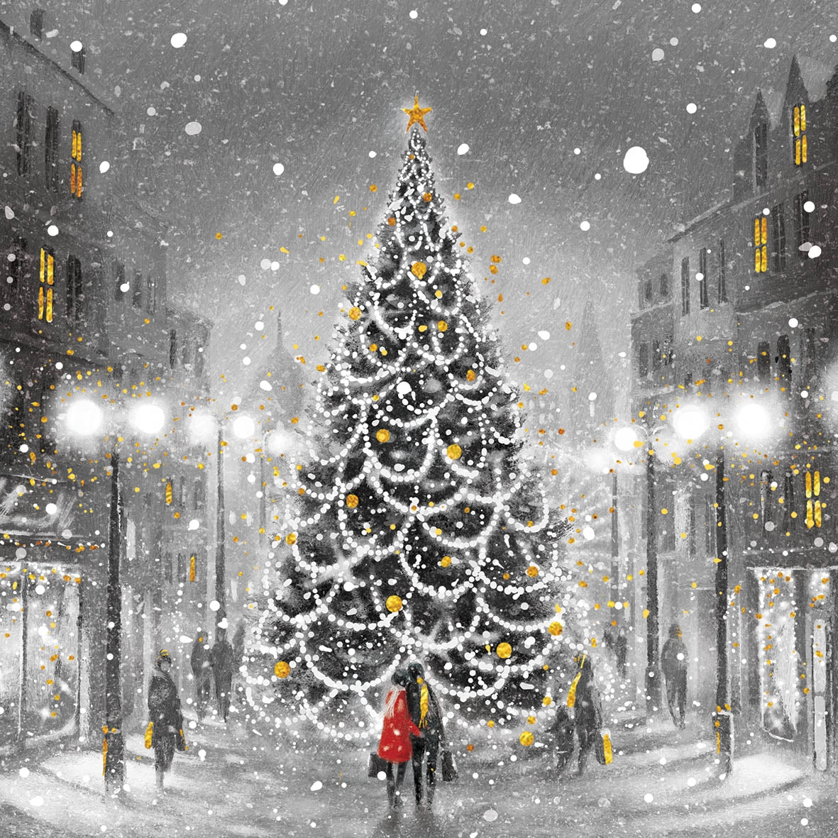 Decorative image of a Christmas tree in the snow with people walking around
