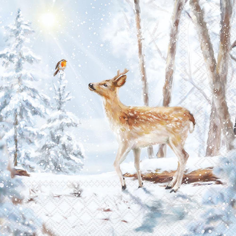 Deer in a snowy forest with a bird perched on a branch