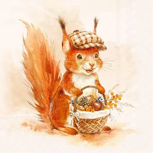 A cheerful red squirrel wearing a plaid cap, holding a basket of acorns, berries, and autumn decorations.