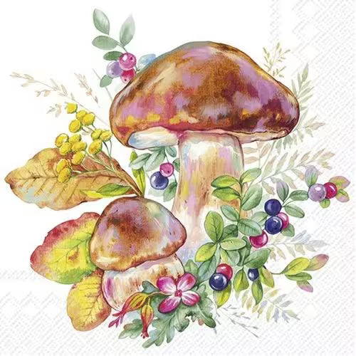 Watercolour mushrooms with autumn leaves, berries, and small flowers.