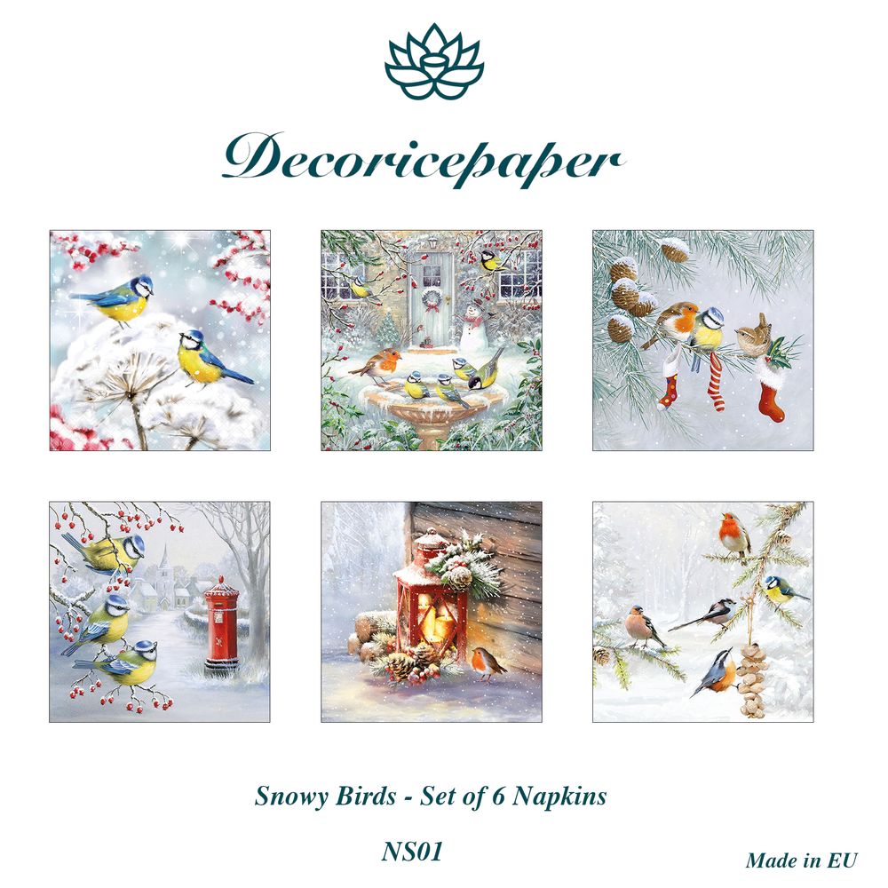 Set of 6 decorative napkins with snowy birds design by Decoricepaper on a white background.