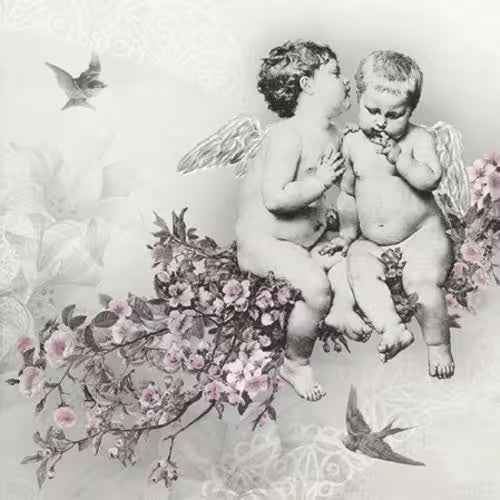 Two cherubic figures with floral and bird elements in a decorative setting