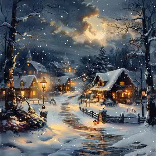 Snowy village scene with illuminated houses and streetlights at night.