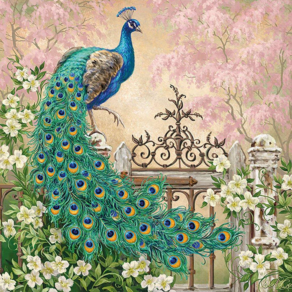 Peacock in a garden setting with flowers and a decorative gate.