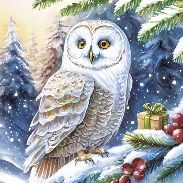 White owl in a snowy landscape with Christmas elements