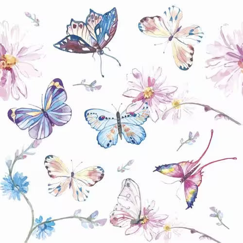 Colorful butterflies and flowers on a white background