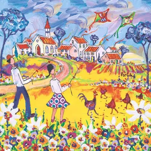 Colorful illustration of a village scene with people flying kites.