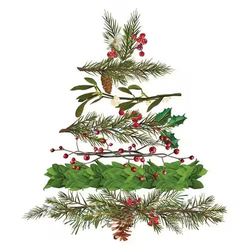 Decorative arrangement of greenery and berries shaped like a Christmas tree on a white background