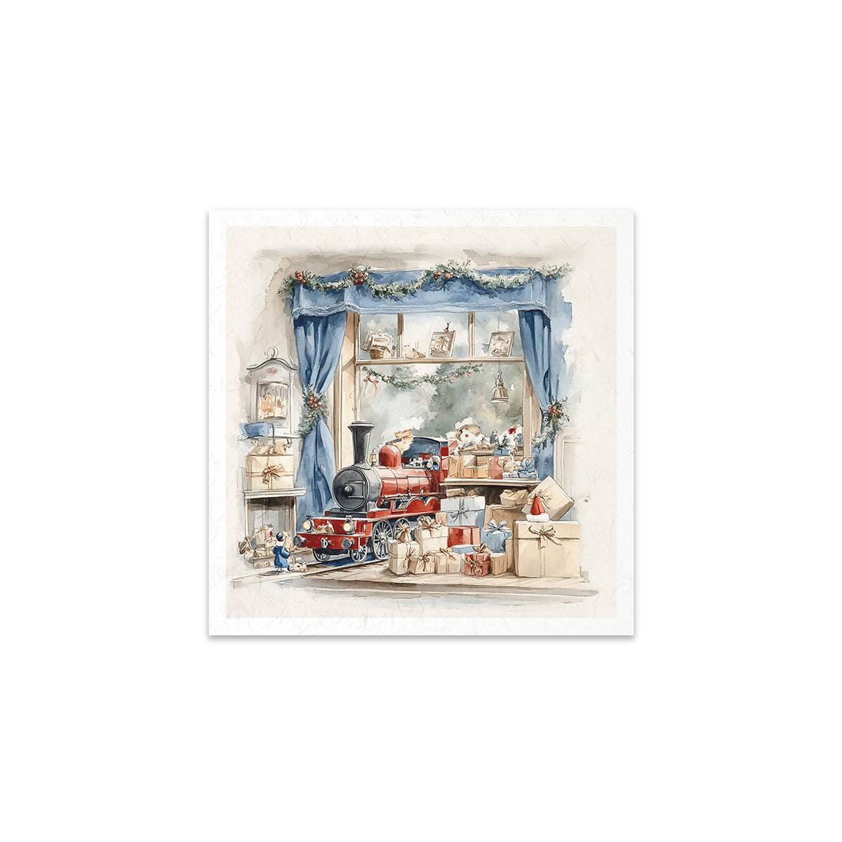 Decorative illustration of a Christmas scene with a train, presents, and blue curtains.
