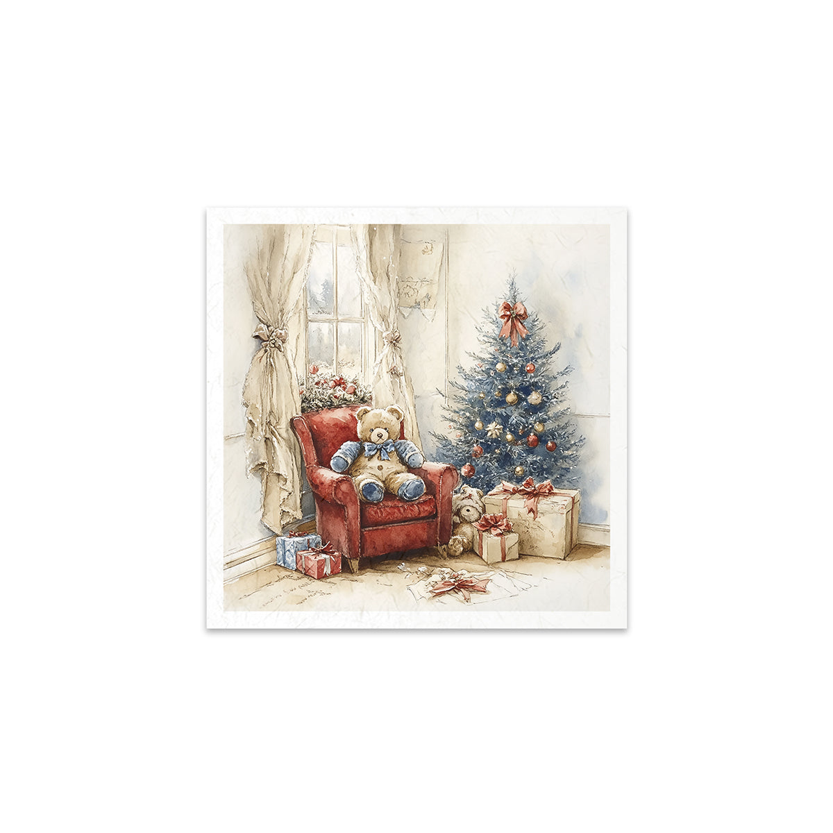 Christmas scene with a red armchair, teddy bear, and decorated tree in a room.