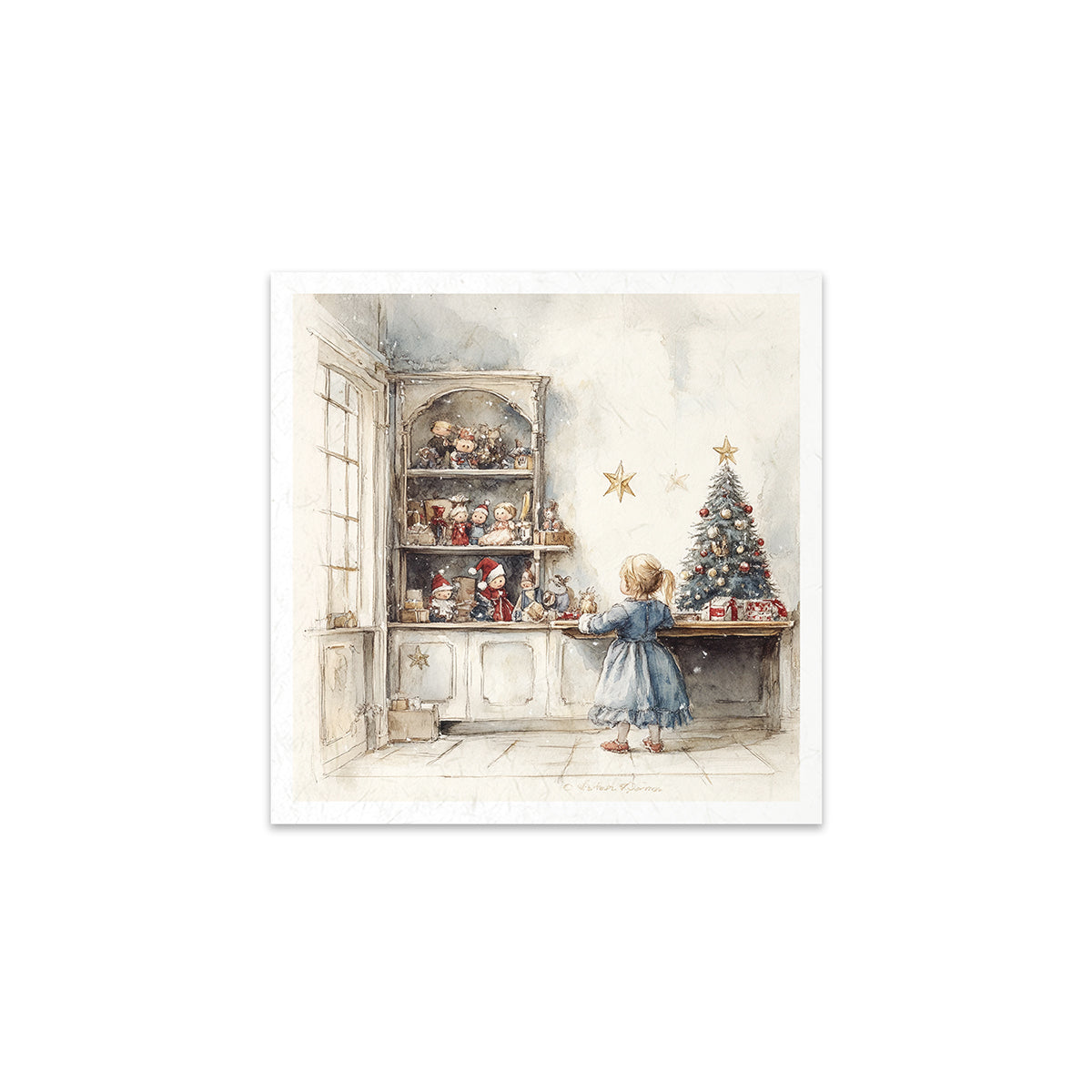 Illustration of a child in a room with a Christmas tree and shelves filled with toys.