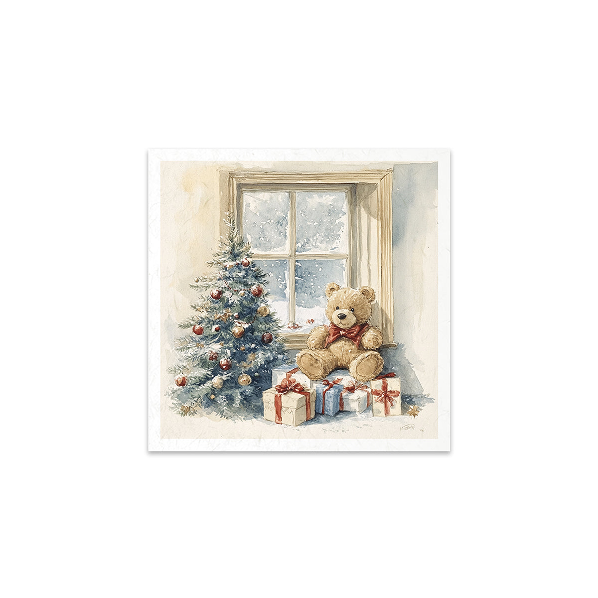 Illustration of a teddy bear with Christmas presents by a window with a snowy view.