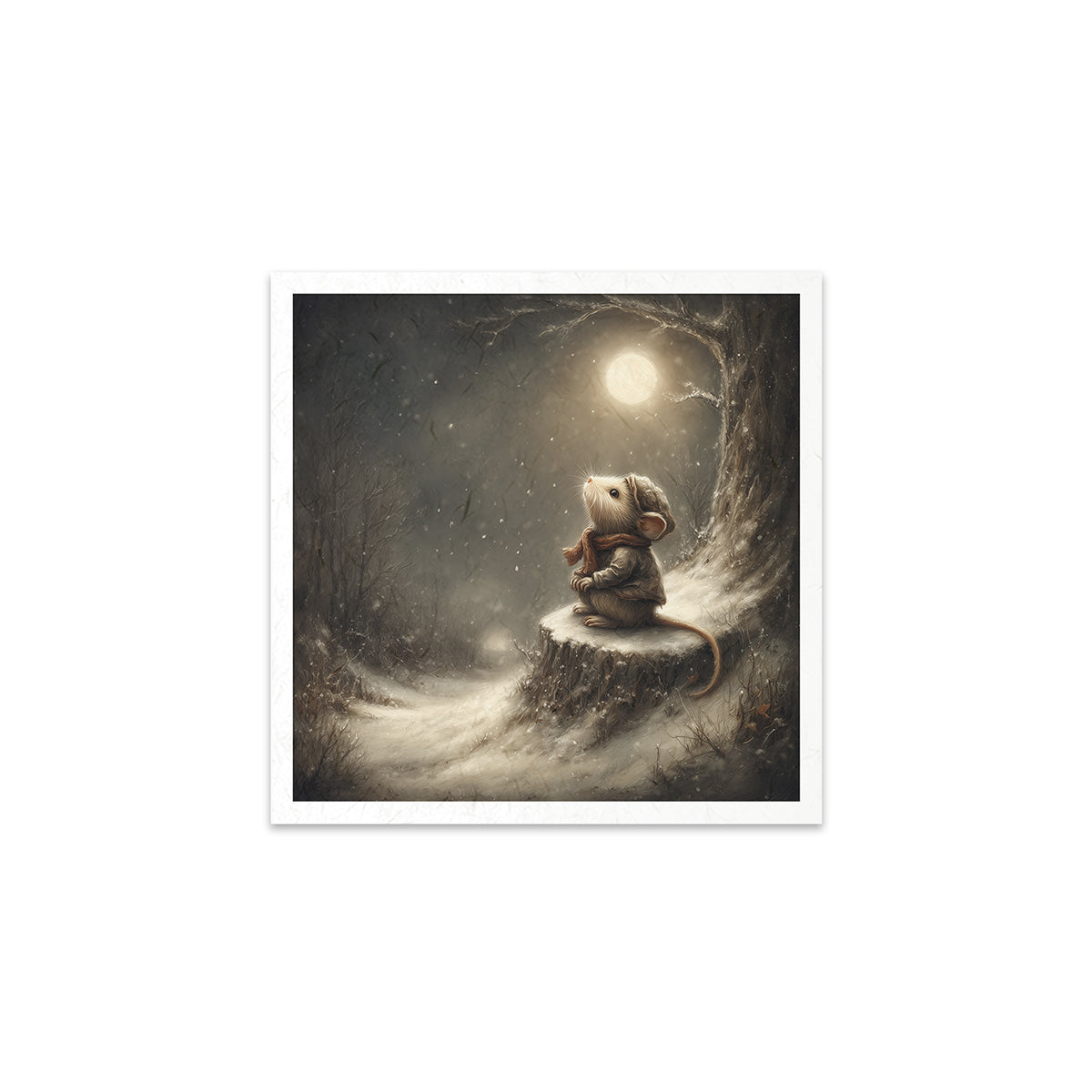Illustration of a mouse sitting on a tree stump in a snowy landscape with a moonlit sky.