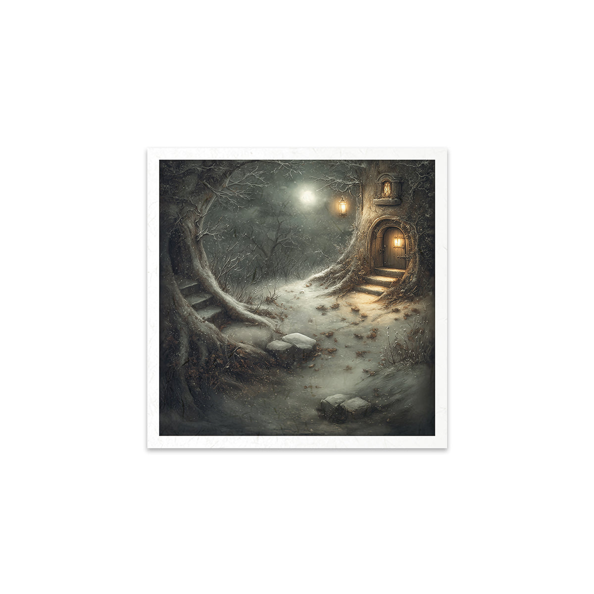 Mystical forest scene with a path leading to a glowing door.