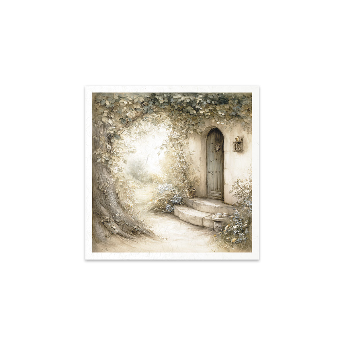 Framed artwork of a garden scene with a door and overgrown plants.