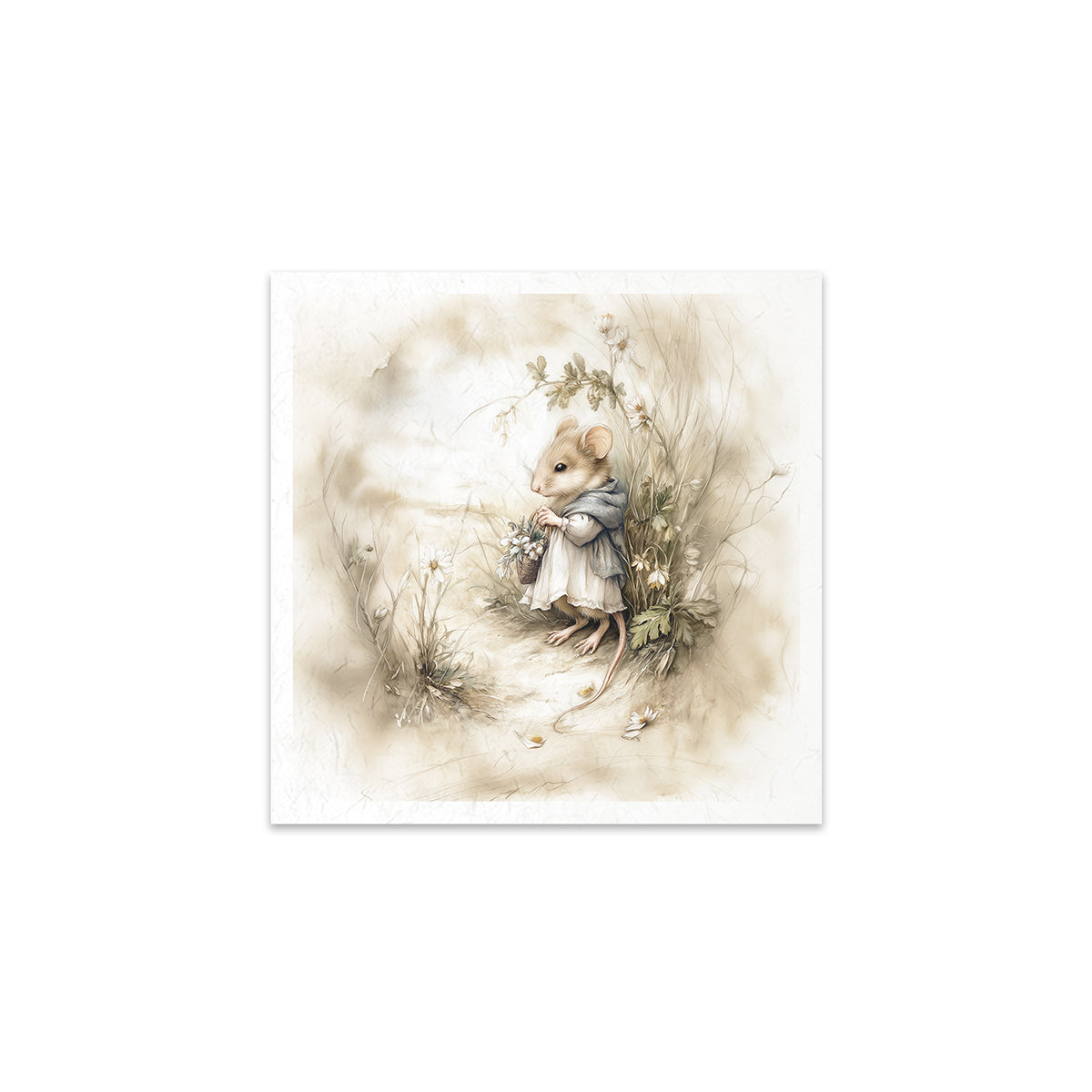 Illustration of a mouse holding flowers in a natural setting on a white background
