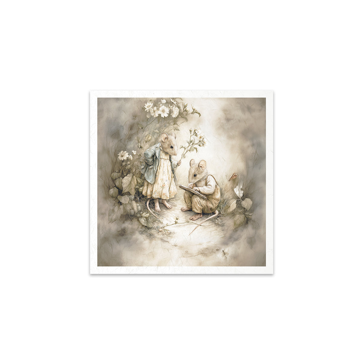 Illustration of two mice sitting together with flowers on a white background