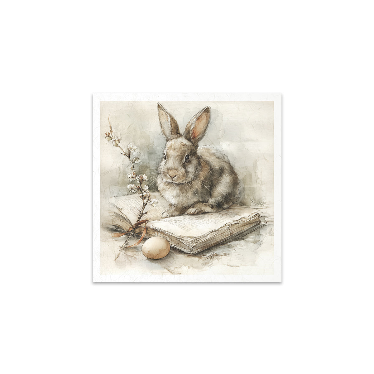 Illustration of a rabbit sitting on an open book with flowers and an egg beside it, on a white background.