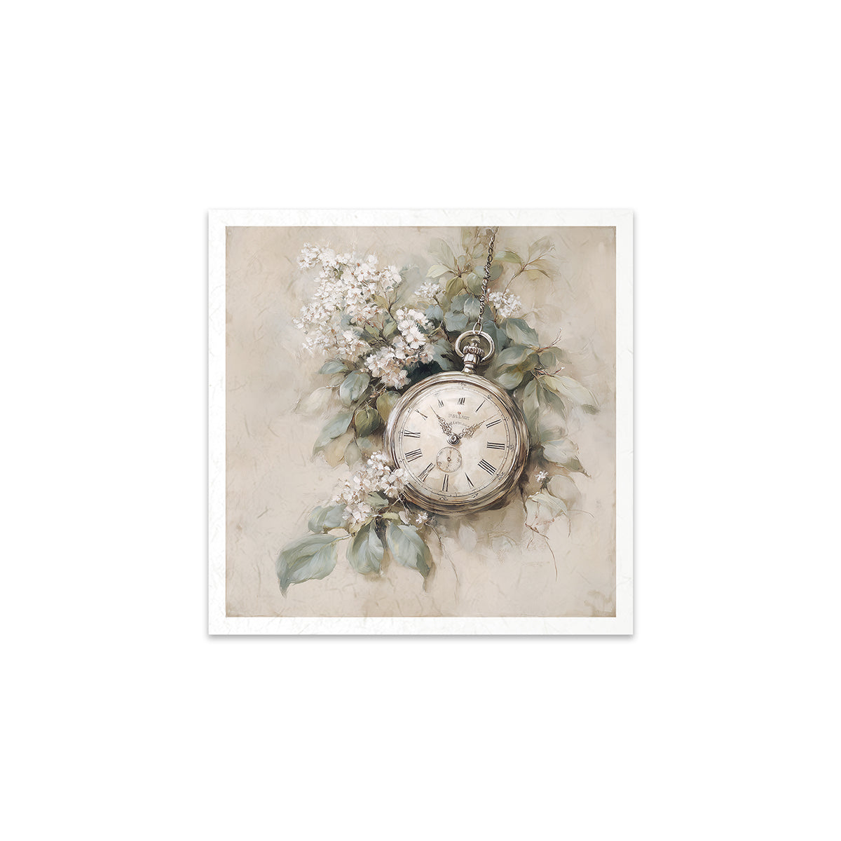 Decorative wall art with a pocket watch and floral arrangement on a textured beige background