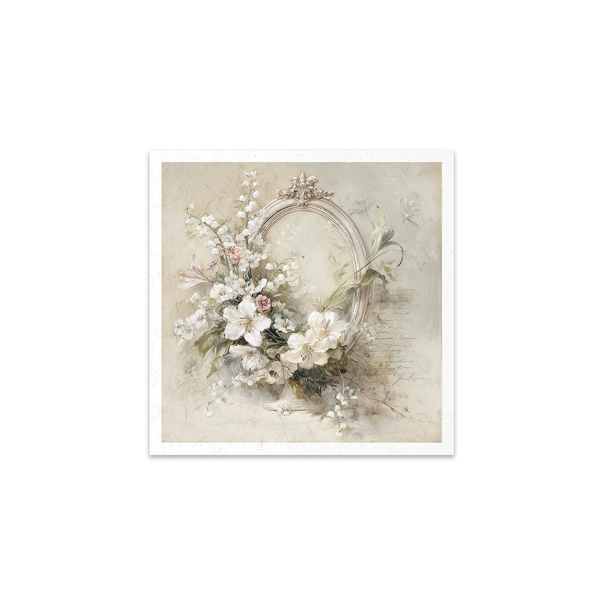 Decorative print with a floral arrangement and mirror on a textured background