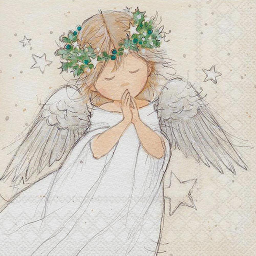 Illustration of an angel with wings and a floral crown on a textured background with stars.