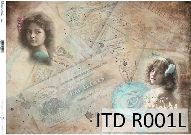 A sheet of vintage postcard collage rice paper with images of old-fashioned girls, text, and decorative elements.