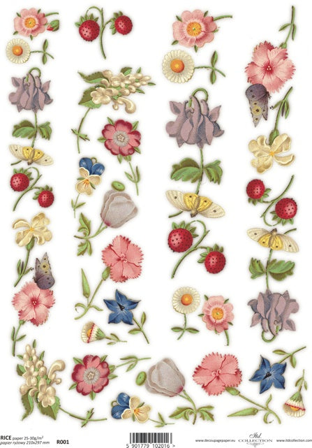 A sheet of floral garden rice paper with various flowers and strawberries printed on it.