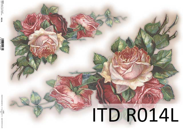 A sheet of rice paper with a printed floral pattern featuring pink and red roses.
