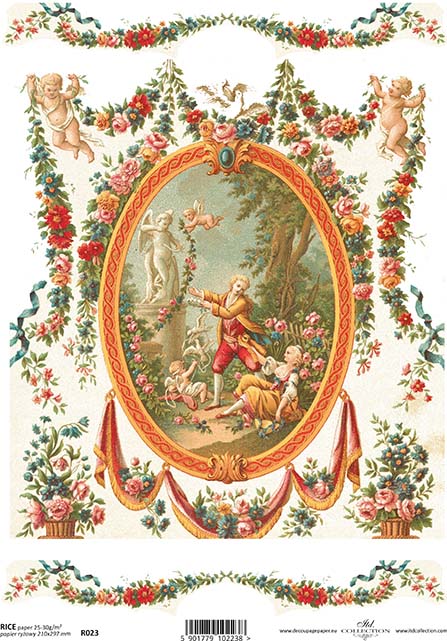 Rococo garden scene printed on rice paper with an oval composition featuring a man and woman surrounded by flowers and a vintage frame design.