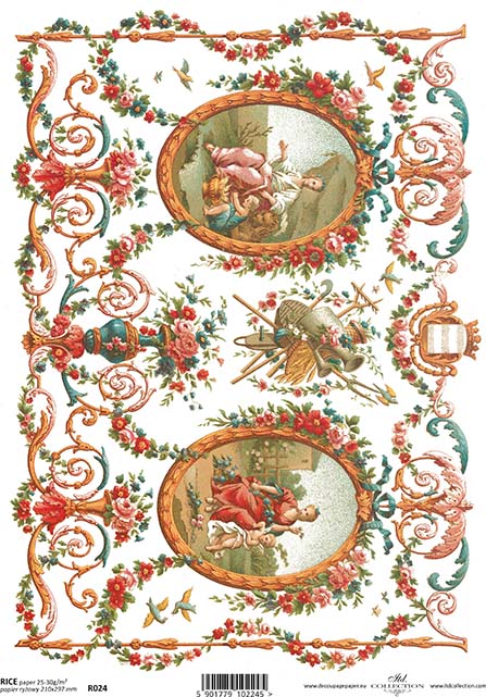 A sheet of Baroque floral romance rice paper with ornate floral patterns and vintage style illustrations.