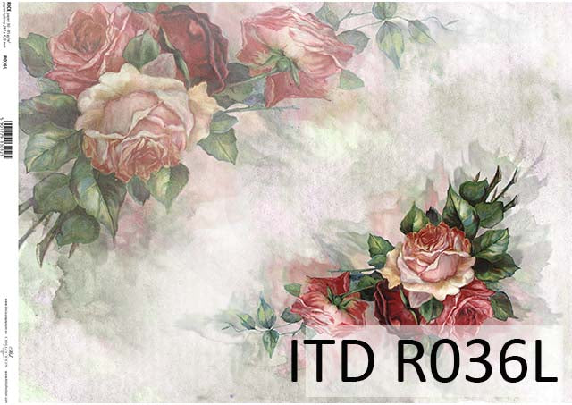 A sheet of rice paper with a printed floral design featuring roses in shades of pink and green.