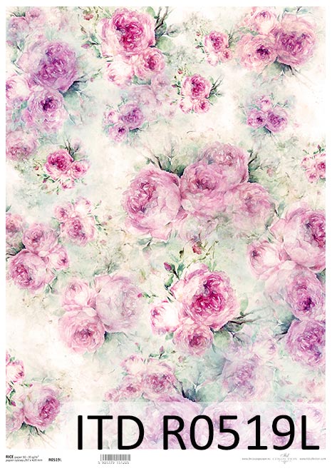 Rice paper with a printed floral pattern, predominantly pink roses, for decoupage.
