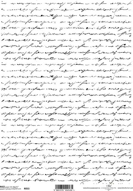 Antique script rice paper with a handwritten black and white pattern, intended for decoupage and crafts.