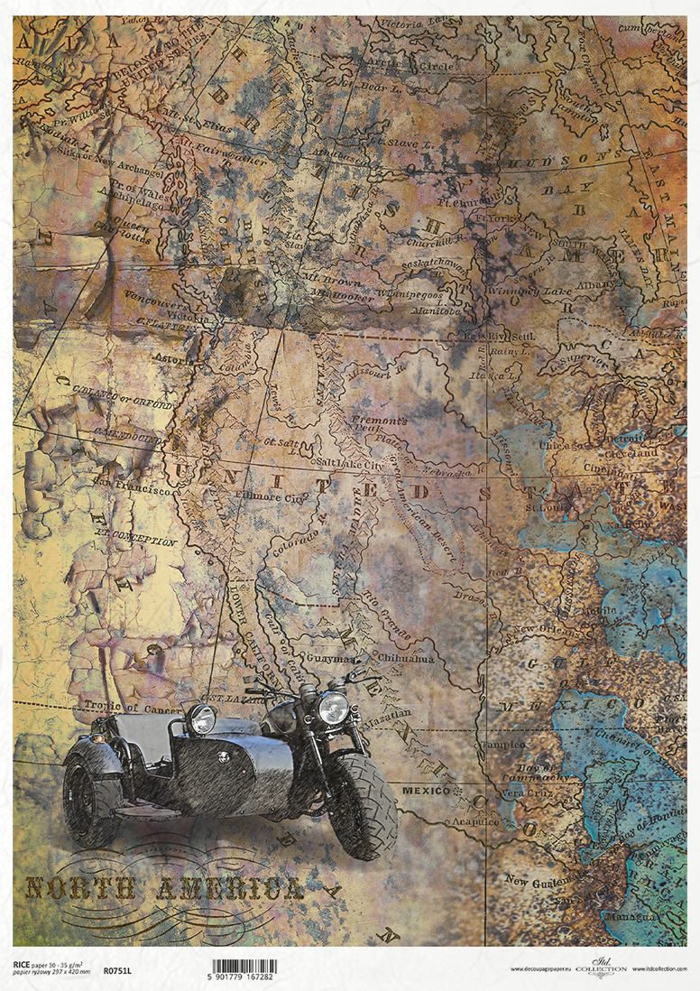 Vintage-style map with a classic motorbike