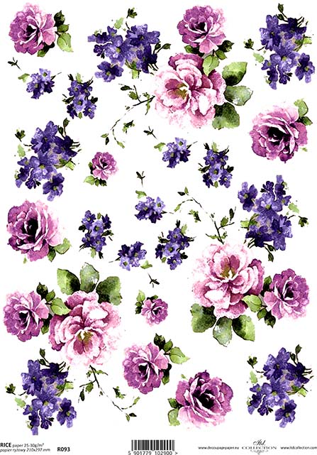 A sheet of dark pink and purple floral rice paper with various flower designs.