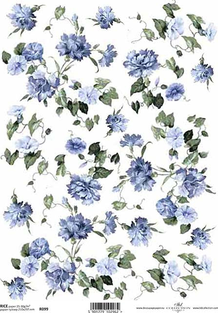 A sheet of Blue Blossom rice paper with a floral pattern consisting of blue flowers and green leaves.