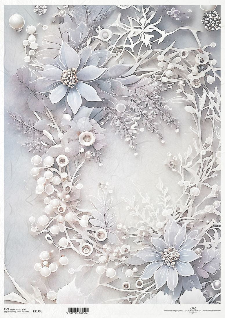Decorative paper sheet with winter-themed design featuring flowers, snowflakes, and berries on a light gray background.