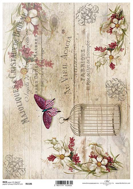 vintage style decoupage paper with butterfly , bird cage and flowers